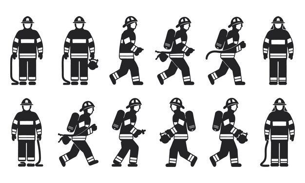 Colección de ilustraciones de bomberos que representan uniformes de protección y herramientas esenciales