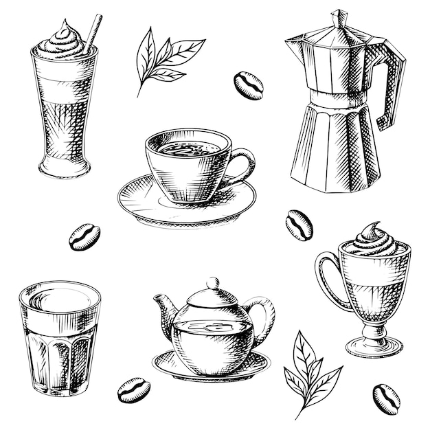 Colección de ilustraciones de café y té dibujadas a mano
