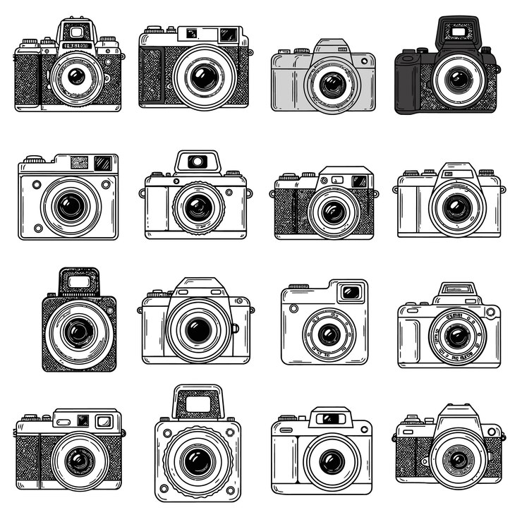 Colección de ilustraciones de cámaras antiguas dibujadas a mano