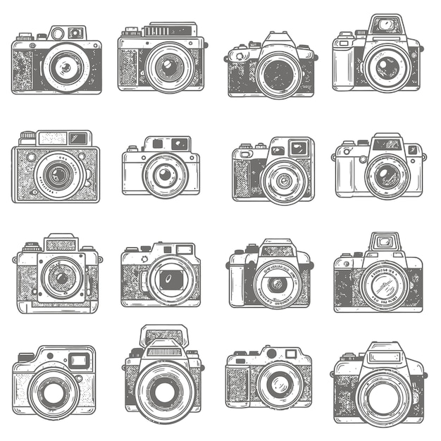 Colección de ilustraciones de cámaras antiguas y retrógradas dibujadas a mano