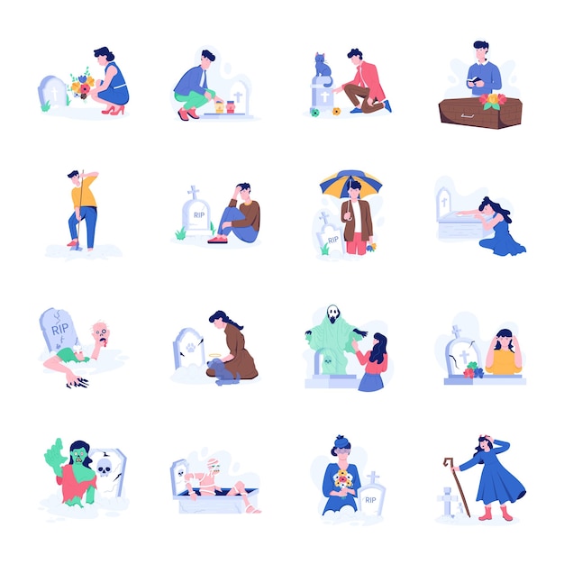 Colección de ilustraciones de cementerios y plazas de dolor