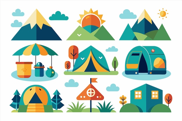 una colección de ilustraciones coloridas que incluyen una tienda de campaña y acampada