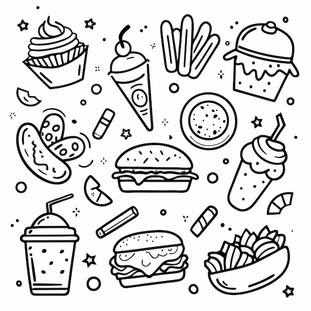 Una colección de ilustraciones de comida rápida dibujadas a mano que incluyen hamburguesas fritas, batidos y conos de helado
