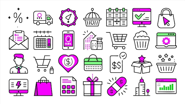 una colección de ilustraciones para los compradores y las compras