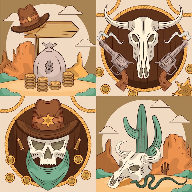 Colección de ilustraciones cuadradas de vaquero plano dibujadas a mano con elementos del oeste salvaje