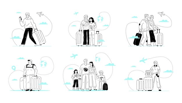 Una colección de ilustraciones delineadas de personas mixtas con equipaje