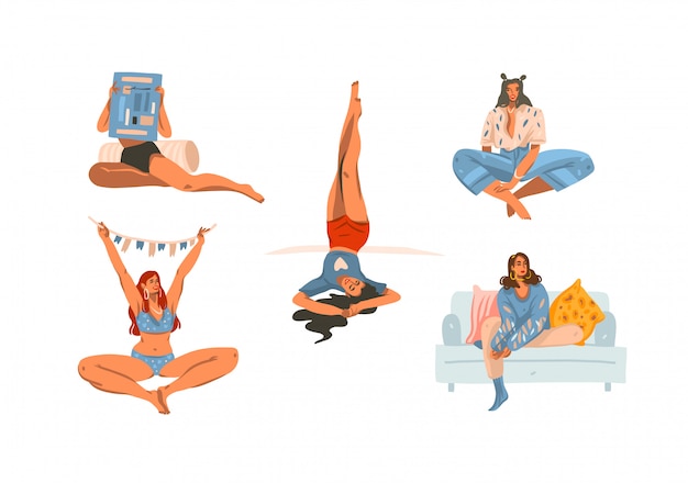 Colección de ilustraciones dibujadas a mano con mujeres jóvenes sentados personajes en casa sobre fondo blanco.