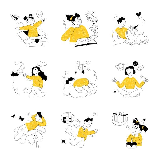 Colección de ilustraciones dibujadas a mano de personas soñando