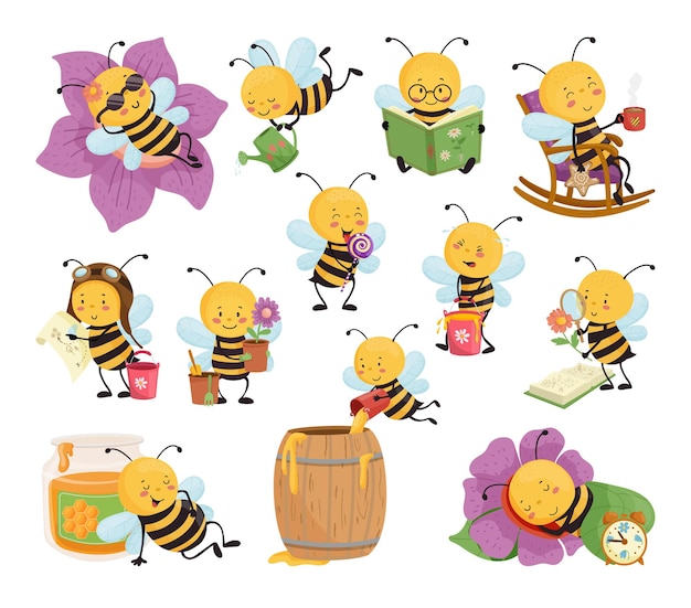 Colección de ilustraciones de dibujos animados con abejas realizando diferentes acciones.