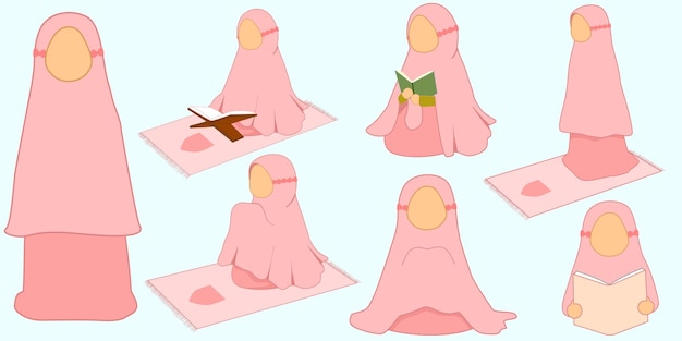 una colección de ilustraciones de dibujos animados femeninos musulmanes rezando
