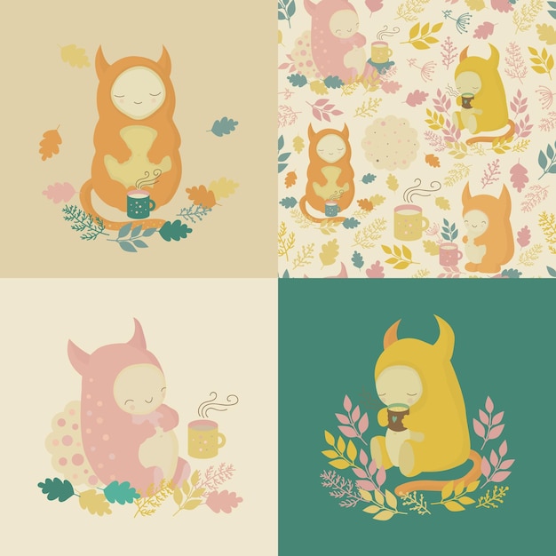 Colección de ilustraciones de dibujos animados y patrones con monstruos amigables en una acogedora hora del té