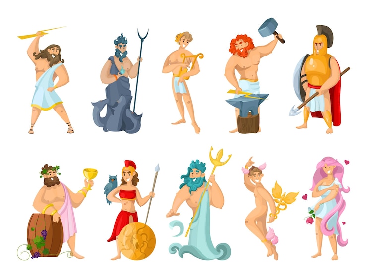 Vector colección de ilustraciones con dioses griegos. personajes mitológicos.