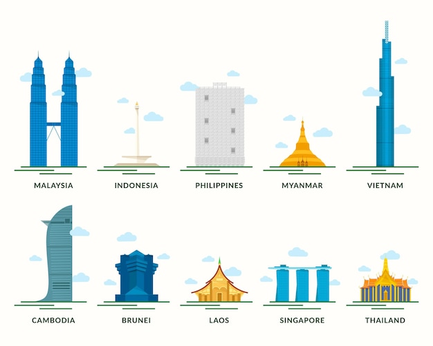 Vector colección de ilustraciones de edificios de la asean