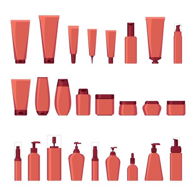 Colección de ilustraciones de envases de cosméticos de color rojo en estilo simple
