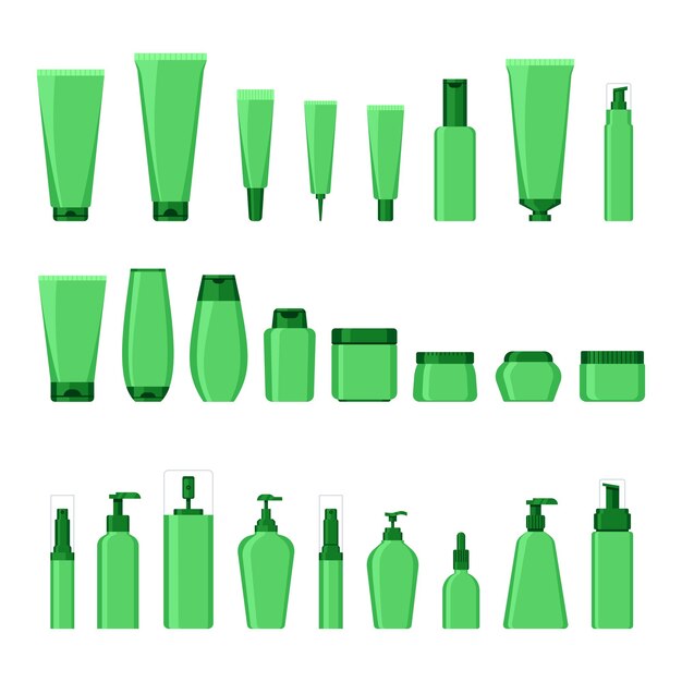 Colección de ilustraciones de envases de cosméticos de color verde en un estilo simple
