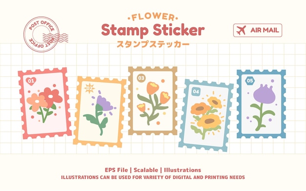 Colección de ilustraciones de estampillas de flores y flores