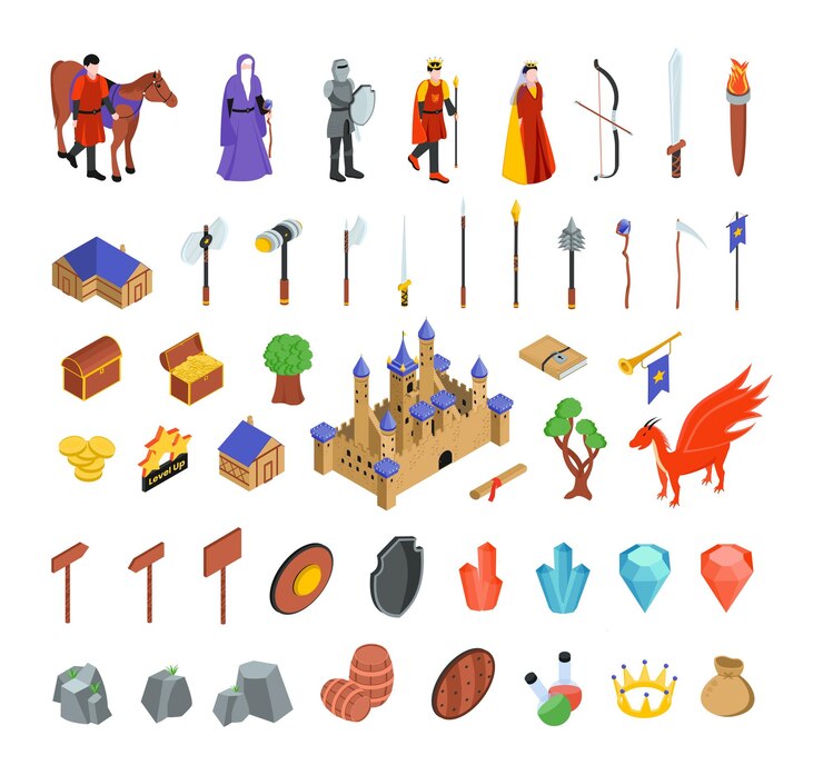 Una colección de ilustraciones de Fantasy Elements sobre un fondo blanco.