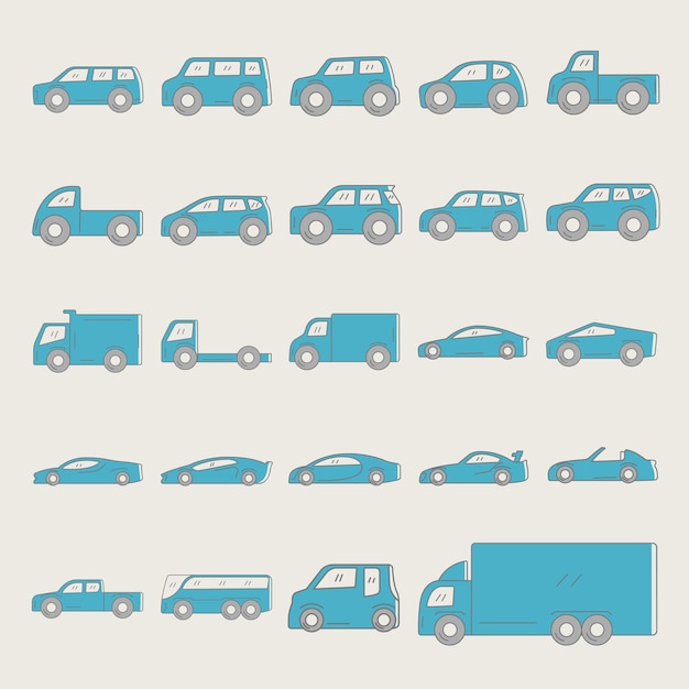 Colección de ilustraciones de iconos para varios tipos de automóviles en estilos de arte plano y de línea