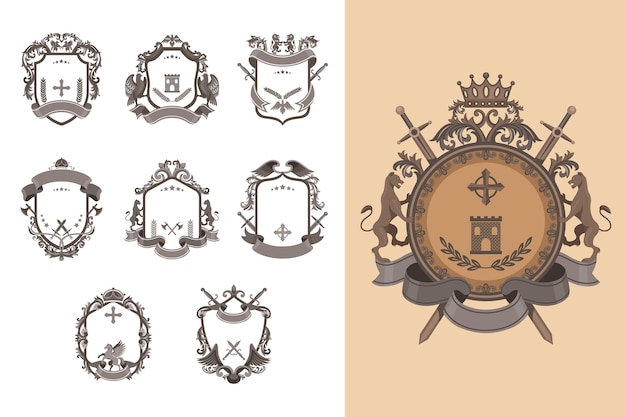 Vector colección de ilustraciones de insignias heráldicas planas dibujadas a mano con emblemas clásicos