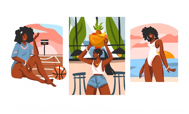 Colección de ilustraciones con jóvenes mujeres afroamericanas negras felices en escenas de rutina diaria aisladas sobre fondo blanco