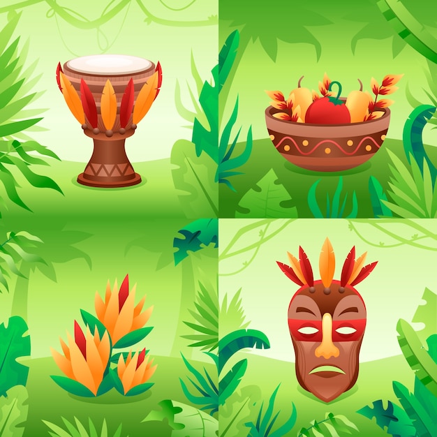 Vector colección de ilustraciones de la jungla con máscara y tambor