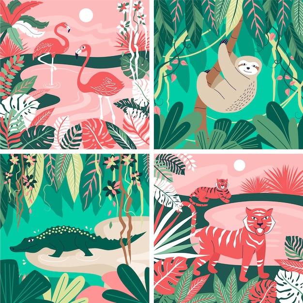 Colección de ilustraciones de jungla plana dibujada a mano con animales salvajes