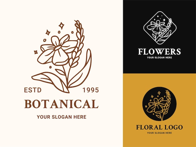 Colección de ilustraciones de logotipos botánicos florales dibujados a mano para la marca orgánica natural de belleza