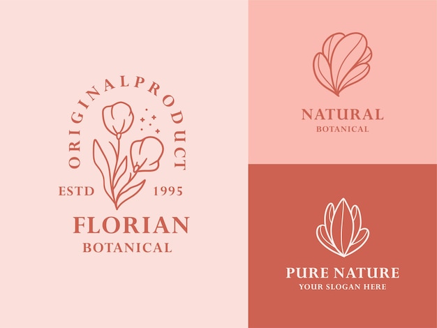Colección de ilustraciones de logotipos botánicos florales dibujados a mano para la marca orgánica natural de belleza
