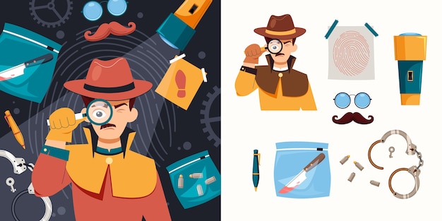 Colección de ilustraciones de logotipos de detectives planos con elementos