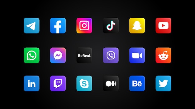 Colección de ilustraciones de logotipos de redes sociales y mensajeros populares Conjunto editorial realista Botones cuadrados coloridos con esquinas redondeadas sobre fondo negro Elemento web para aplicaciones móviles