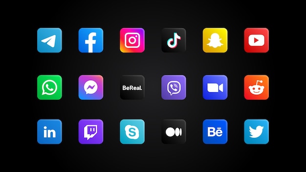 Colección de ilustraciones de logotipos de redes sociales y mensajeros populares conjunto editorial realista botones cuadrados coloridos con esquinas redondeadas sobre fondo negro elemento web para aplicaciones móviles