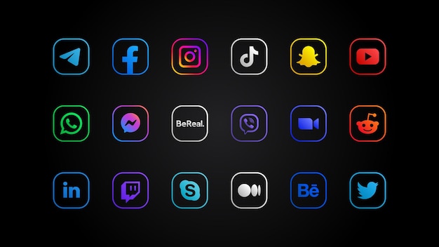 Colección de ilustraciones de logotipos de redes sociales y mensajeros populares Conjunto editorial realista Botones cuadrados coloridos de neón transparente con esquinas redondeadas en aplicaciones móviles de fondo negro