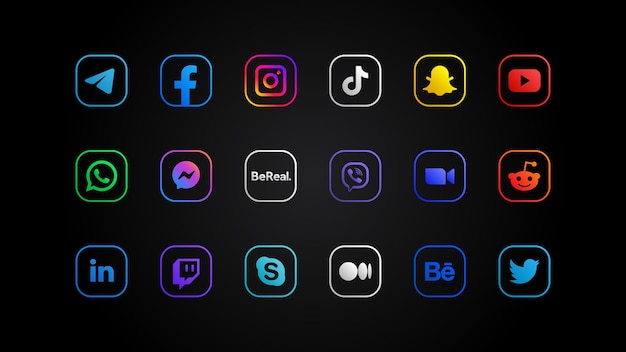 Colección de ilustraciones de logotipos de redes sociales y mensajeros populares conjunto editorial realista botones cuadrados coloridos de neón transparente con esquinas redondeadas en aplicaciones móviles de fondo negro