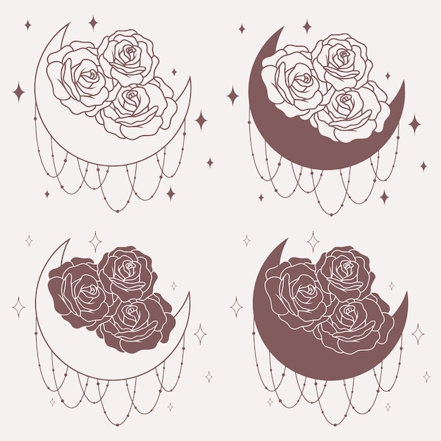 Colección de las ilustraciones luna con rosas línea minimalista vector arte boho