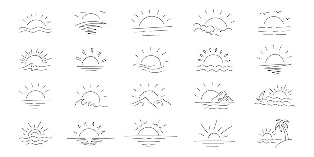 Colección de ilustraciones minimalistas del sol y la puesta del sol con trazos editables