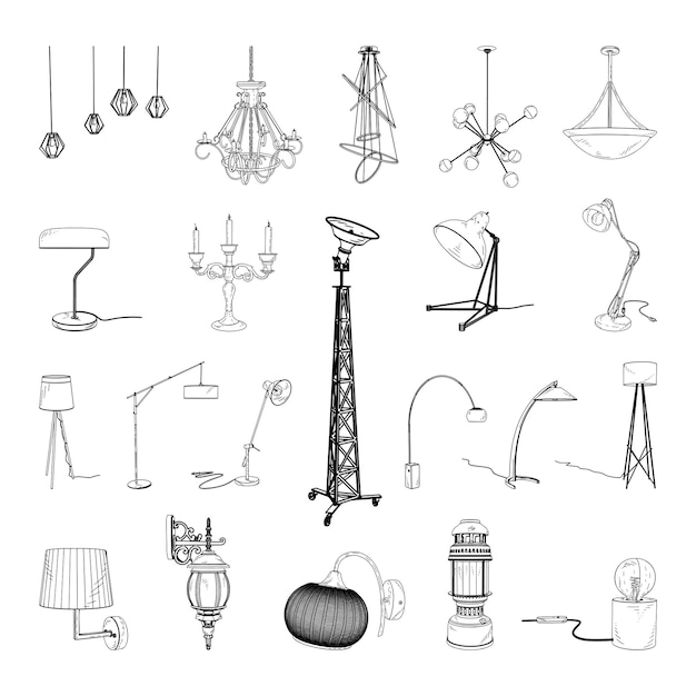 Colección de ilustraciones monocromas de lámparas en estilo boceto