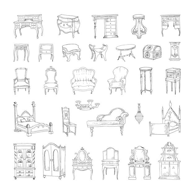 Colección de ilustraciones monocromas de muebles antiguos en estilo boceto