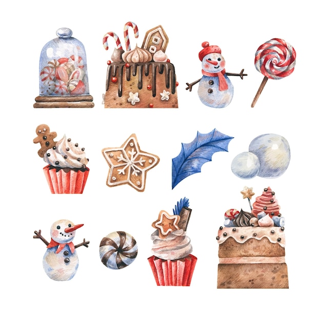 Colección de ilustraciones navideñas en acuarela, pasteles dibujados a mano, dulces, galletas, cupcakes