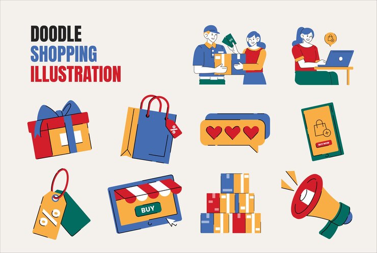 Colección de ilustraciones de pago de ventas de compras de Red Blue Doodle