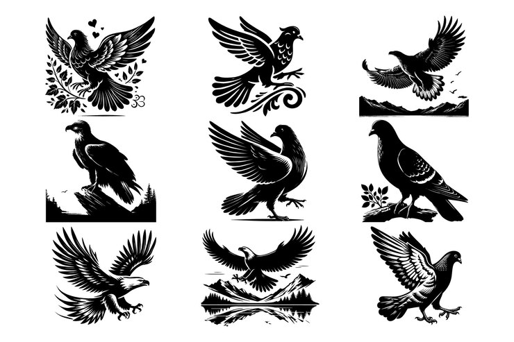 Colección de ilustraciones de pájaros en blanco y negro águilas palomas y palomas