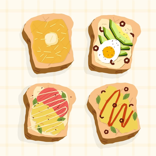 Colección de ilustraciones de pan de huevo para sándwiches de desayuno Estilo vectorial plano aislado