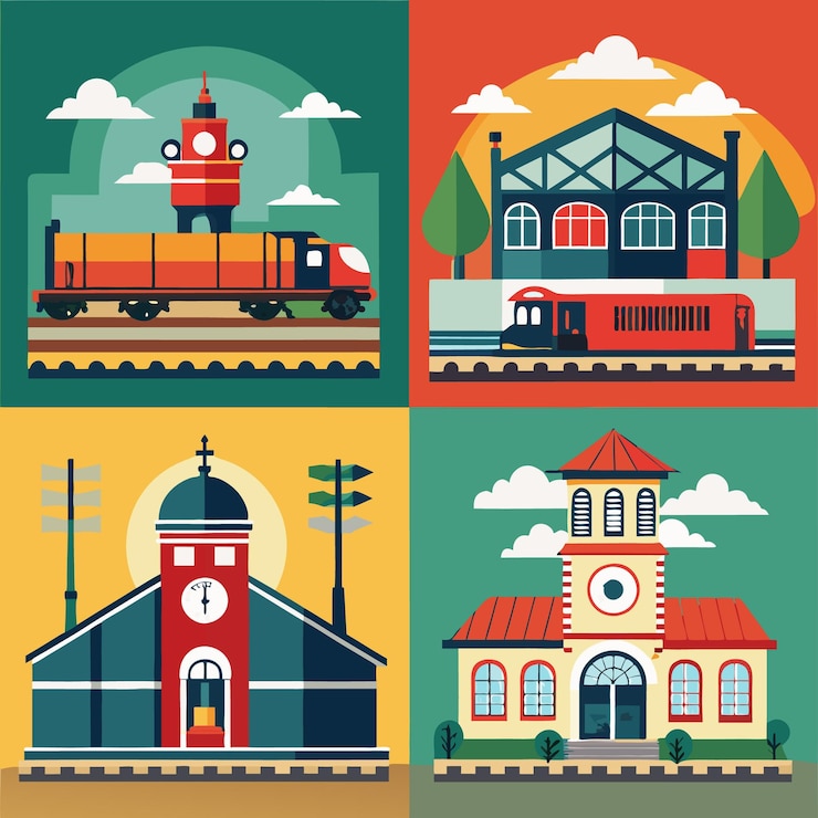 Vector una colección de ilustraciones planas coloridas que representan diferentes tipos de estaciones de tren con trenes