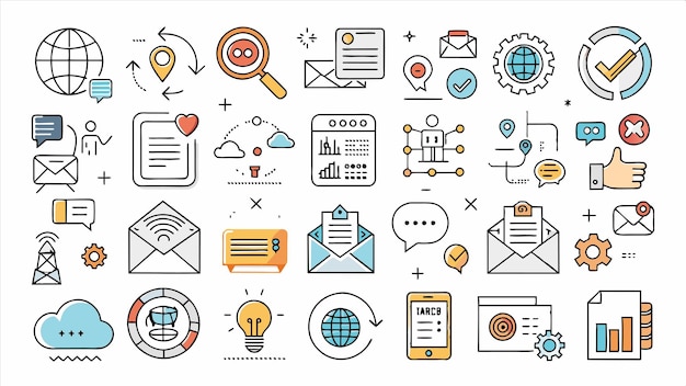 una colección de ilustraciones que incluye un conjunto de iconos que incluye un mapa digital una llave y una llave