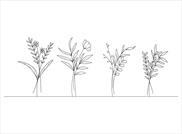 Colección de ilustraciones de ramo floral sobre fondo blanco