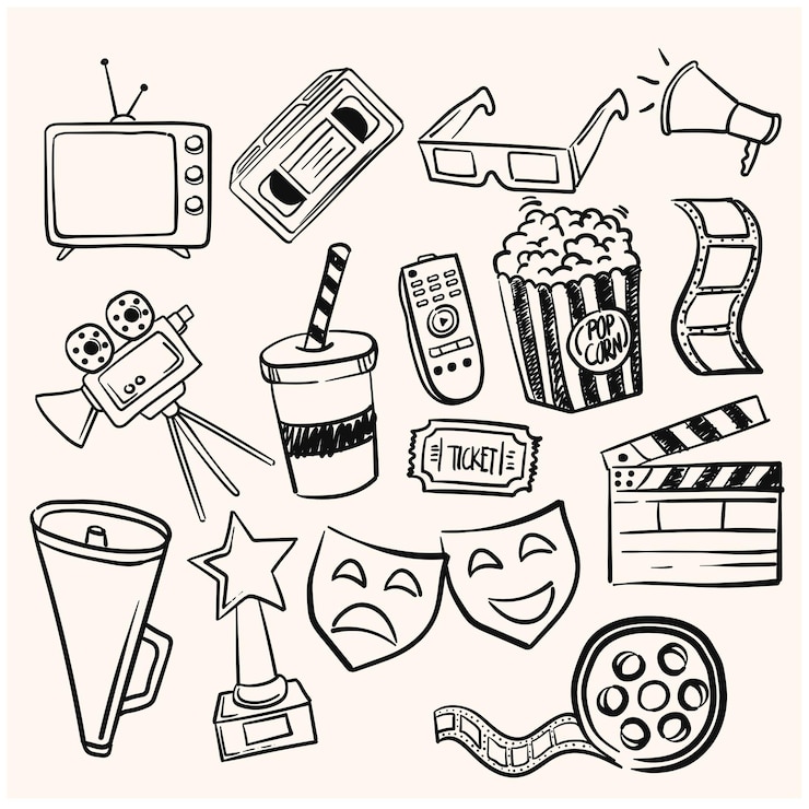 Vector una colección de ilustraciones relacionadas con el cine y las películas con estilo de dibujo lineal y fondo color crema