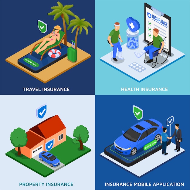 Colección de ilustraciones de seguros isométricos con diferentes categorías