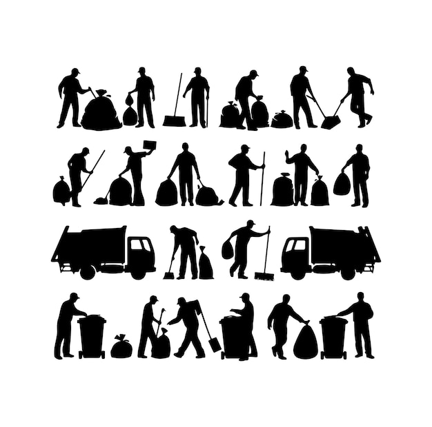 Colección de ilustraciones de siluetas de hombres de la basura vector silueta