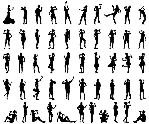 Vector colección de ilustraciones de siluetas de personas bebiendo de pie.