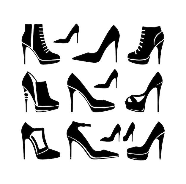 Colección de ilustraciones de siluetas de tipos de zapatos de tacón alto femeninos vector de silueta