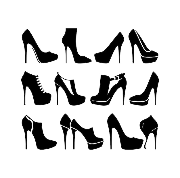 Colección de ilustraciones de siluetas de tipos de zapatos de tacón alto femeninos vector de silueta